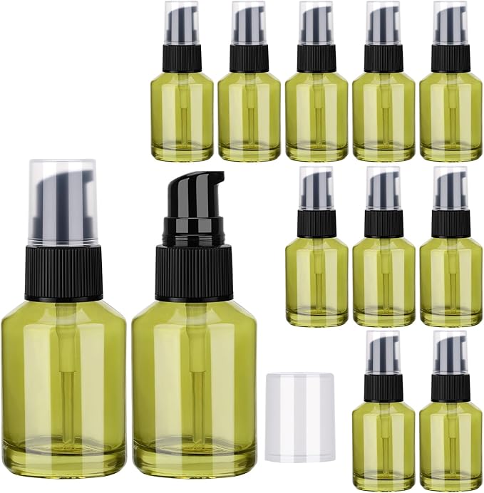 Segbeauty 12pcs 1oz Glass Empty Travel Size Bottles for Creams, Refillable Lotion Pump Bottle Dispenser, 30ml Liquid Travel Containers, Green Mini Lotion Container Foundation Cosmetics Pump Dispensers