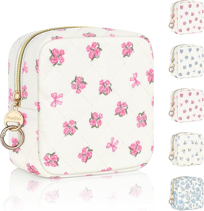 Floral Period Bag, Small Period Pouches for Teen Girls, Quilted Sanitary Napkin Storage Bag, Compact Discreet Pad and Tampon Holder for Purse (Floral-Rose Pink)