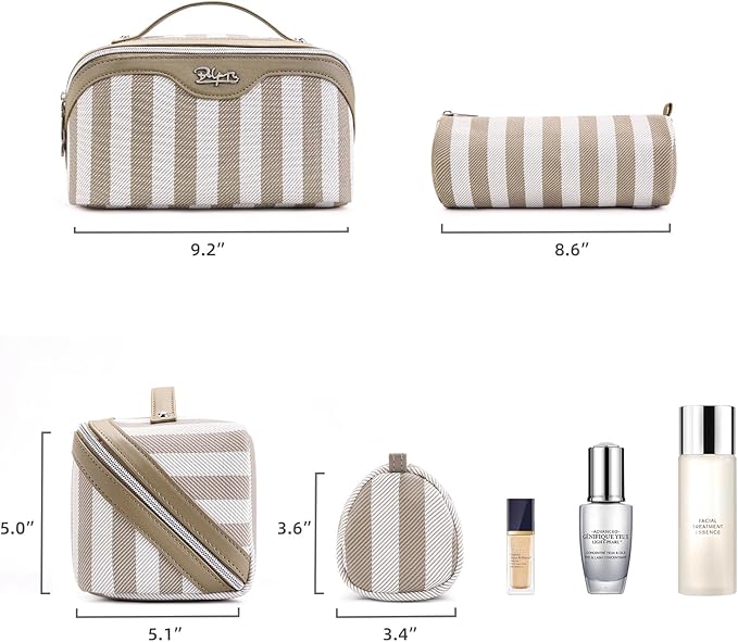 BOYATU Travel Makeup Bag Cosmetic Bag for Women: 3 Pcs Set Striped Make up Bag with Compartment - Waterproof Vegan Leather Toiletry Bag with Handle - Makeup Organizer for Travel Essential(A-6-Apricot)