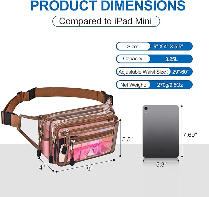 Clear Bag Stadium Approved Clear Fanny Pack for Women for Work,Multi-purpose Waist Bag for Travel & Sporting Event