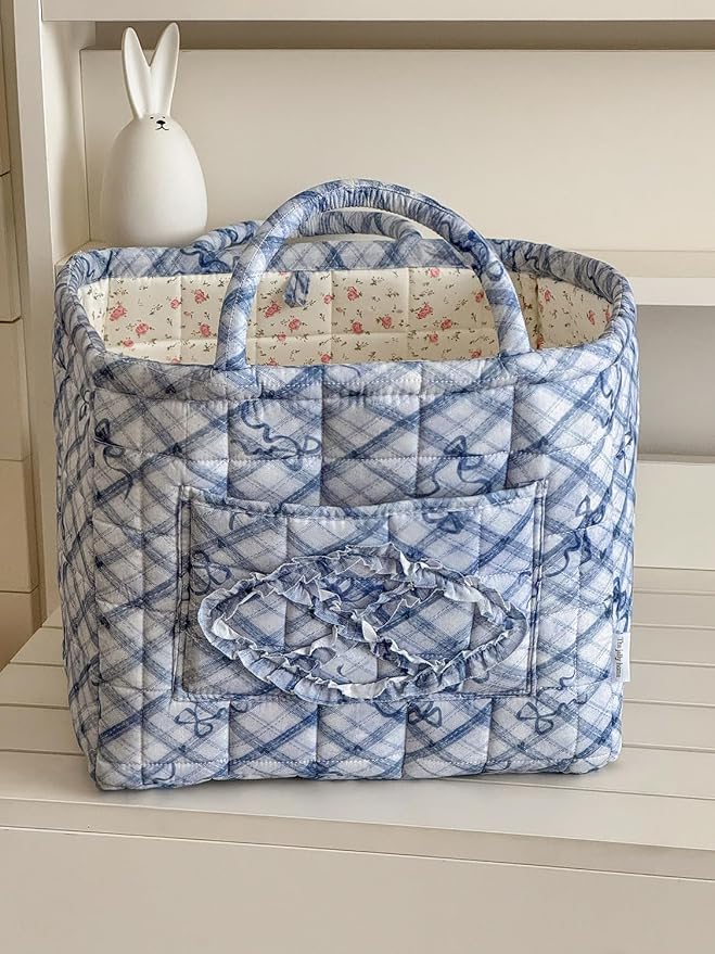 Floral Fabric Storage Basket Car Interior Storage Basket Underwear Sundries Laundry Baskets Supplies Home Organizer Bag (blue bow)
