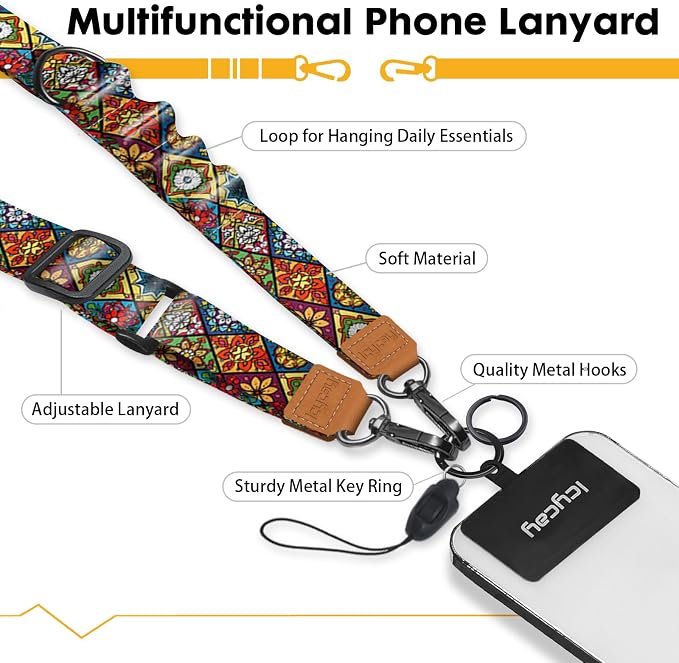 Icycay Phone Lanyard Crossbody, Boho Cell Phone Strap for Around The Neck Adjustable, Bohemian Teacher Anti Theft Cute Lanyard for ID Holder Key Accessories Travel Essential Mandala Women