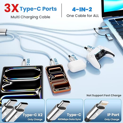 Upgrade 4 in 2 Multi Charging Cable, USB C Cable with 3 X Type-C/IP, Travel Holiday Essentials Phone Charger Cord for iPhone 17/16/15/14, Galaxy, Android (2Pack 5FT)