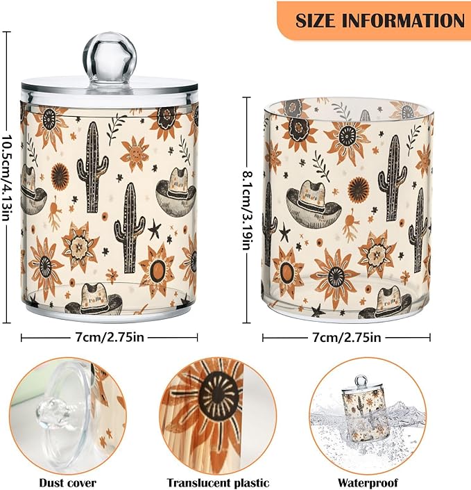 2 Pack Qtip Holder Organizer Dispenser Western Cowboy Hats Suns Cactus Bathroom Storage Canister Cotton Ball Holder Container for Cotton Pads/Swabs/Floss