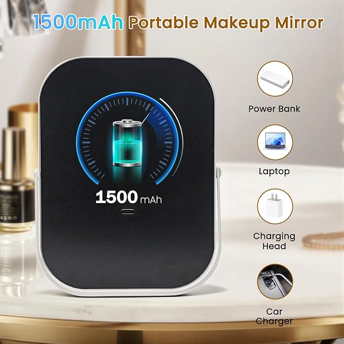 Rechargeable Travel Makeup Mirror, 8"×6" Small Vanity Mirror with Lights, 1500mAH Battery, 3-Color Lighting, Dimmable, 360° Rotation, Portable Desk Mirror with Storage Pouch, Travel Essentials (White)