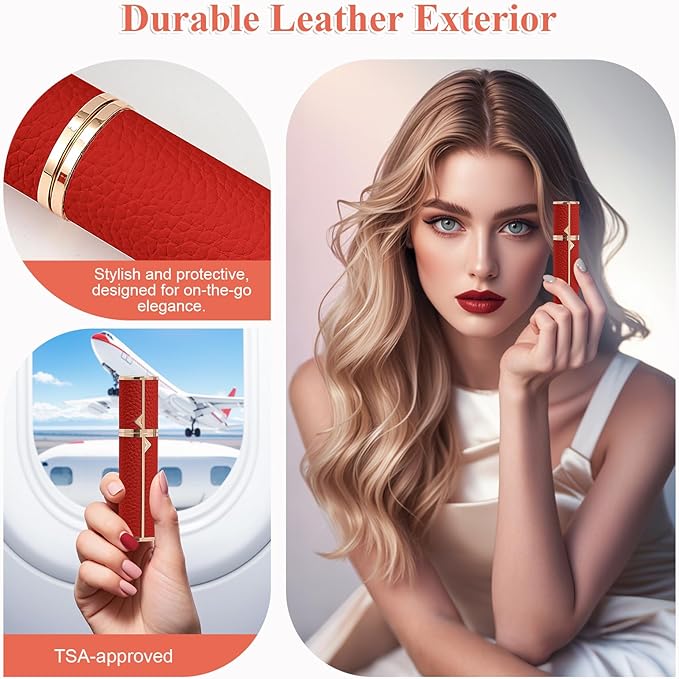 Refillable Travel Perfume Bottle – Fine Mist Atomizer, Bottom Fill, Genuine Leather Shell, TSA Approved, For Daily Refresh & Travel (Red, 10ml)