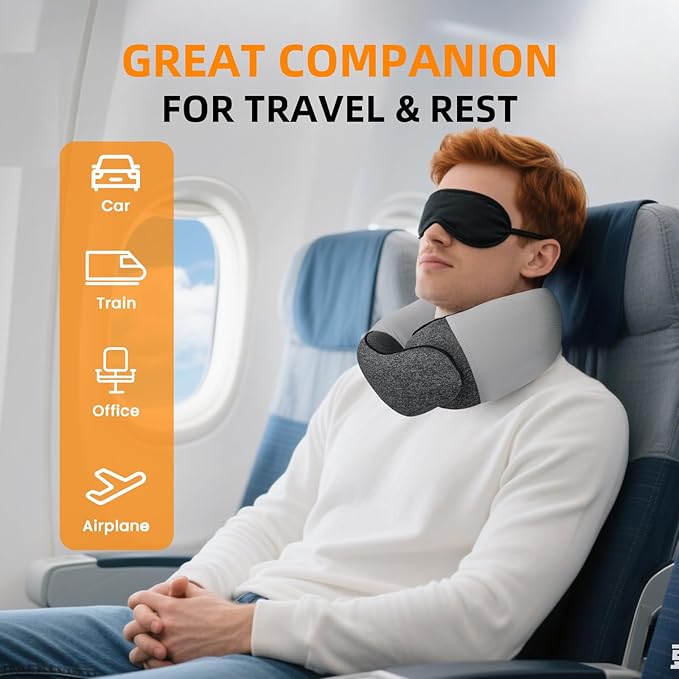 Travel Neck Pillows for Airplanes, Premium 100% Memory Foam Neck Pillow with Alternative Skin-Friendly Silk Cover - Upgrade Liner Enables Easy Pillowcase Cleaning, Travel Pillow Fits Plane, Car, Train