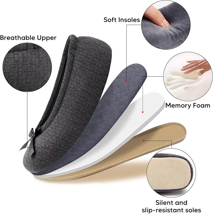 ANLUKE Women's Ballerina Slippers Fuzzy House Shoes Memory Foam with Non-Slip Sole