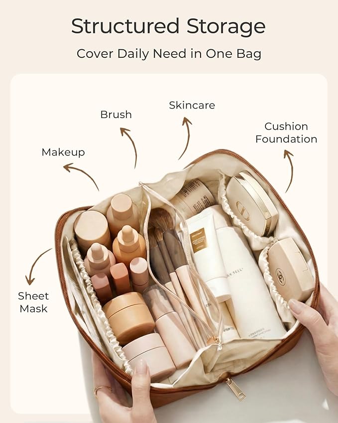 BAGSMART Makeup Bag Travel Cosmetic Bag, Large Make Up Bag Flat Open Toiletry Bag for Women, PU Leather Travel Essentials Case, Wide-open Pouch Purse for Skincare, Brushes, Vintage Denim Blue