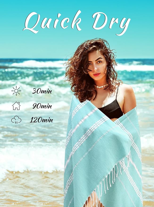 cabanana Turkish Beach Towel Oversized - 40"x70" Quick Dry Sand Free Thin Beach Towels for Adults,Extra Large Cotton Lightweigh Travel Towel for Beach Accessories (New Aqua)