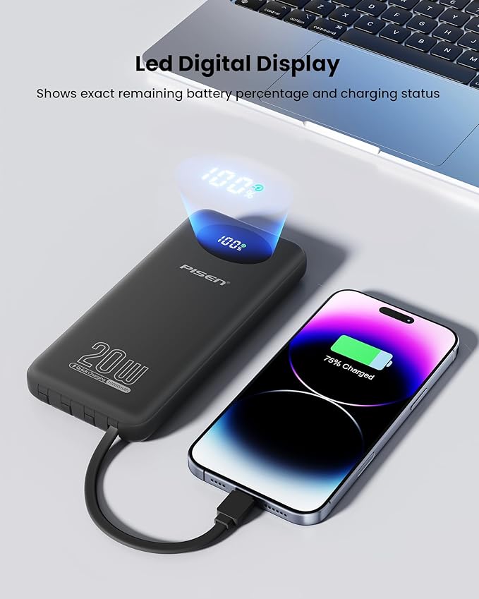 PISEN 3C Certified Power Bank - 10000mAh 20W Fast Charging Battery Pack with Built-in 4 Cable Smart LED Display Flight-Approved Portable Charger Travel Power Bank for iPhone, Samsung, iPad, Tablets