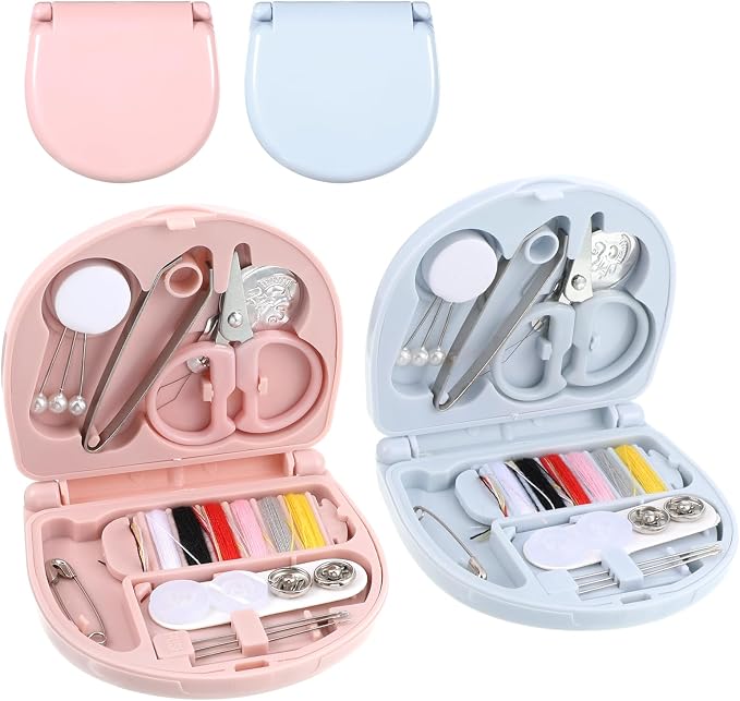Jeffdad 2 Pcs Mini Travel Sewing Kit, Portable Emergency Sewings Kit Compact Sewing Repair Box Kits Travel Size Sewings Box with Buttons Threads Scissors Needles Tweezers Button Pin