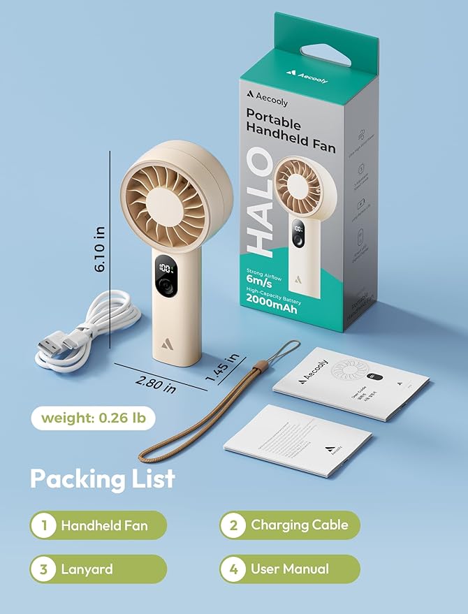 Aecooly Mighty Portable Fan 2 Pack, Powerful Handheld Fan, USB Rechargeable [10H Max Cooling Time], Mini Personal Battery Powered, Pocket for Travel, Summer, Gifts for Women, Girls -Beige