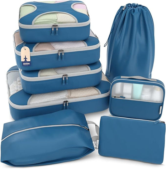 Shacke 8 Set Packing Cubes for Travel – Complete Luggage Organizer Set with Laundry, Shoe, Toiletry & Accessories Bag, Suitcase Travel Organizer (Navy Blue)