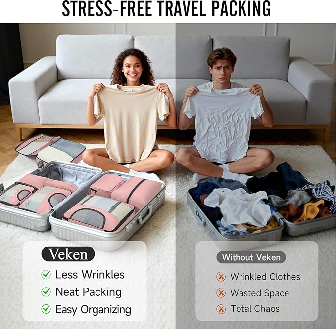 Veken 8 Set Packing Cubes for Cruise Ship Essentials,Beach Vacation Travel Accessories with Hanging Toiletry Bag,Suitcase Organizer for Luggage,Personalized Birthday & Retirement Gifts for Women Mom