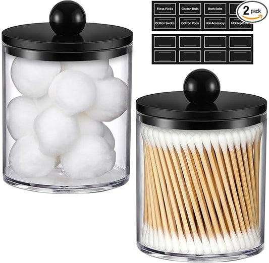2 Pack Acrylic Qtip Holder Dispenser for Cotton Swabs, Balls, Pads, Floss - Plastic Canister Apothecary Jar Set, Bathroom Essentials Accessories Decor Vanity Makeup Storage Organizer - Clear & Black