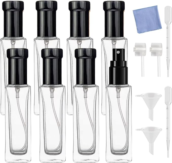 8PCS 20ml Perfume Spray Bottle, Mini Portable Travel Glass Square Spray Bottle,Small Fine Mist Spray Bottle, Refillable Glass Spray Bottle, Sample Spray Bottle (Black, 20ml)