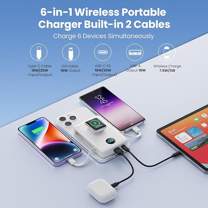 Ekrist Magnetic Portable Charger for MagSafe with Built-in Cable,iWatch Charger,Wireless Power Bank Travel Essentials,25W Fast Charging Battery Pack for iPhone 17/16/15,Apple Watch(White,10800mAh)