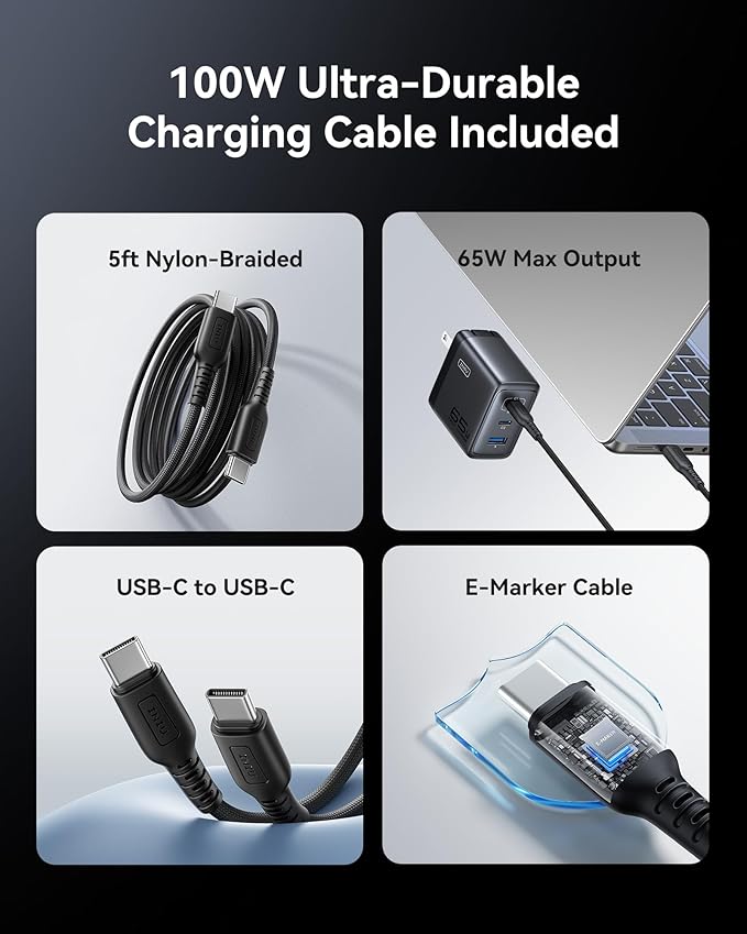 INIU 65W USB C Charger Block, 3-Port GaN Fast Charging Adapter with 100W Cable & Advanced Protection, Foldable Travel Charger for iPhone 17 16 15 Pro Max, iPad, Samsung S26 S25 Ultra, Pixel eReaders