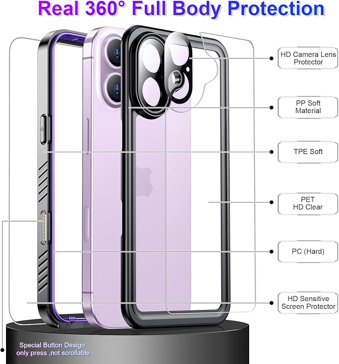 Compatible with iPhone 17 Case,Waterproof Built-in Screen & Camera Protector IP68 Underwater Full Body 17FT Military Dropproof Shockproof Phone Case 6.3"-Purple/Clear