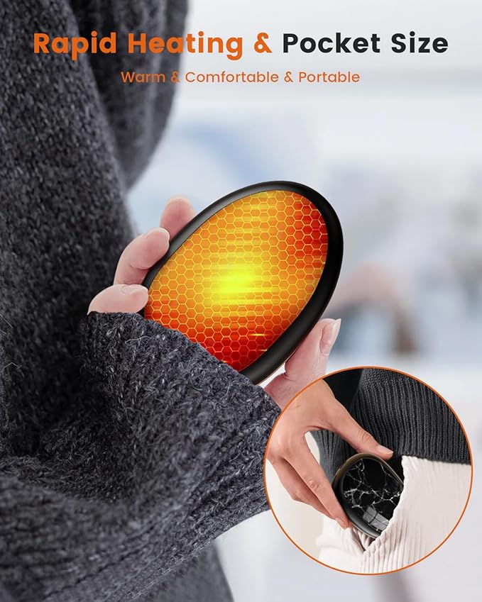 Hand Warmers Rechargeable 2 Pack, AI Temperature Control Electric Handwarmers, Stone Shape Portable Pocket Heater, Great Gift for Christmas Hunting, Golf, Camping Black