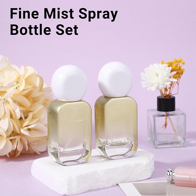 Segbeauty 1oz Fine Mist Glass Spray Bottles Empty for Travel, 2pcs Square Gold Perfume Refillable Travel Size Spray Bottle with Round Cap, 30ml Perfume Atomizer Sprayer, Small Liquid Containers Bottle