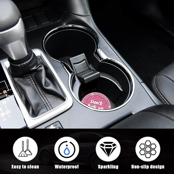 Ziciner 4 Pack Bling Car Cup Holder Coaster, 2.75 Inch Anti-Slip Auto Insert Cup Coaster, Crystal Car Drink Cup Mat Perfect for Women Girls, Universal Interior Decor Accessories (Pink)