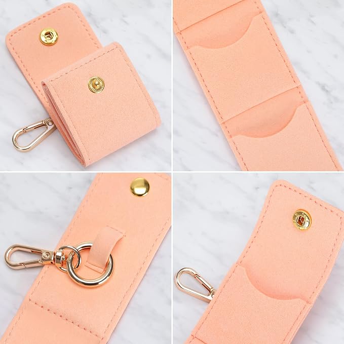 KUKUVR Mini Jewelry Holder Pouch with Keychain, Portable Travel Jewelry Organizer Box for Rings Earrings Necklace Stud, Small Velvet Jewelry Storage Bag for Gym Women (Pink)
