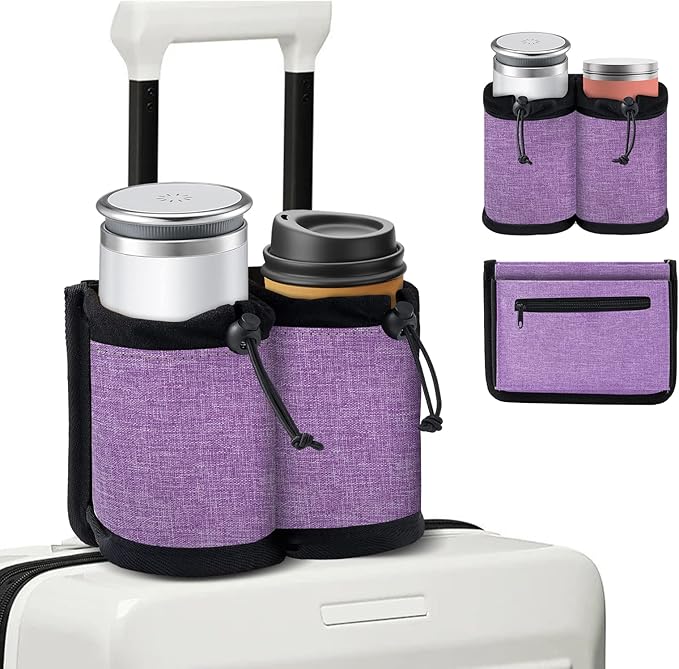 Luggage Cup Holder Travel Essentials Cup Holder, Hands-Free Drink Holder with 2 Coffee Mugs Tightening Drawstring, Accessory for Flying & Travelers - Travel Luggage Accessories by YSCEN (Purple)