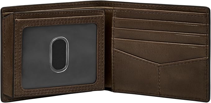 Fossil Men's Wallet, Derrick Leather RFID-Blocking Wallet, Bifold with Flip ID, Dark Khaki