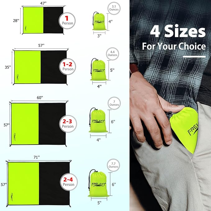 Frelaxy Pocket Picnic Blanket, Waterproof Sandproof Beach Mat, Compact Camping Tarp for Festivals, Hiking, Travel, Outdoor Recreation (Neon Green & Black, 35'' x 57'')