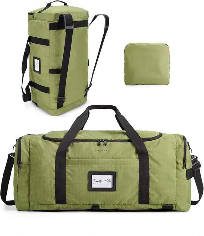 BAGSAMRT 60L Foldable Duffle Bag for Travel, Large Travel Duffel Bag for Men, 4 in 1 Travel Backpack, Carry on Weekender Bag, Army Green