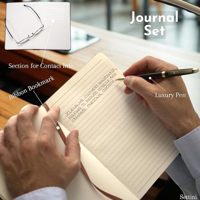 SETTINI® Lined Journal - Modern White Journal for Writing Gift Set - Hardcover Vegan Leather, Includes Luxury Pen in a Unique Pen Holder, 192 Pages, 6 x 8.5 inches, Fathers Day Gift
