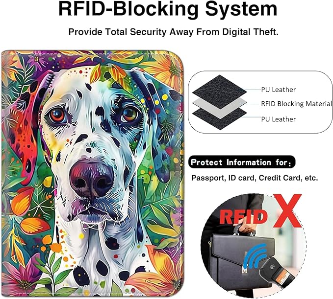 Passport Wallet, Passport Holder with RFID Blocking and Luggage Tag, Waterproof PU Leather Travel Documents Organizer Case, Passport Covers with Card Slot for Women & Men, Dalmatian Dog Floral