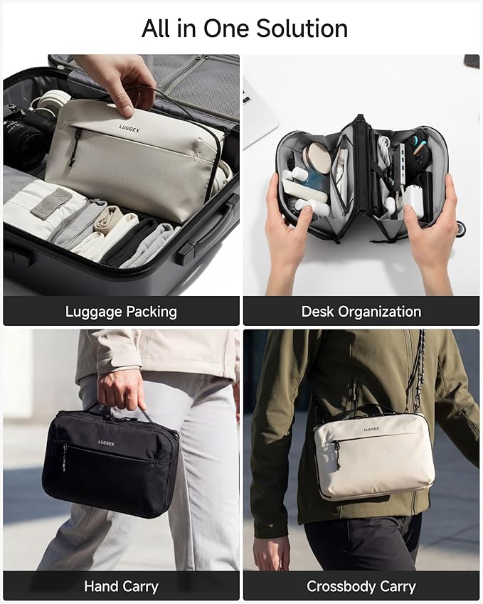 LUGGEX Large Travel Tech Pouch, Cable Organizer Bag with Removable Crossbody Strap, Dual Accessories Bag & Water Resistant for Kindle, Chargers, Cord, Earphone for Travel Office, Beige