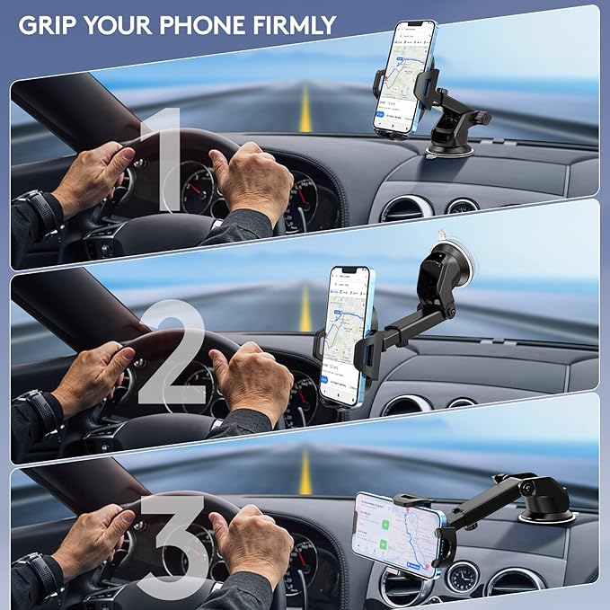 Car Phone Holder Mount, [Strong Suction Cup] [Military Grade Durable] for Windshield and Dashboard, Adjustable Long Arm Compatible with iPhone 17 16 15 14 Pro Max and All Smartphones,Black