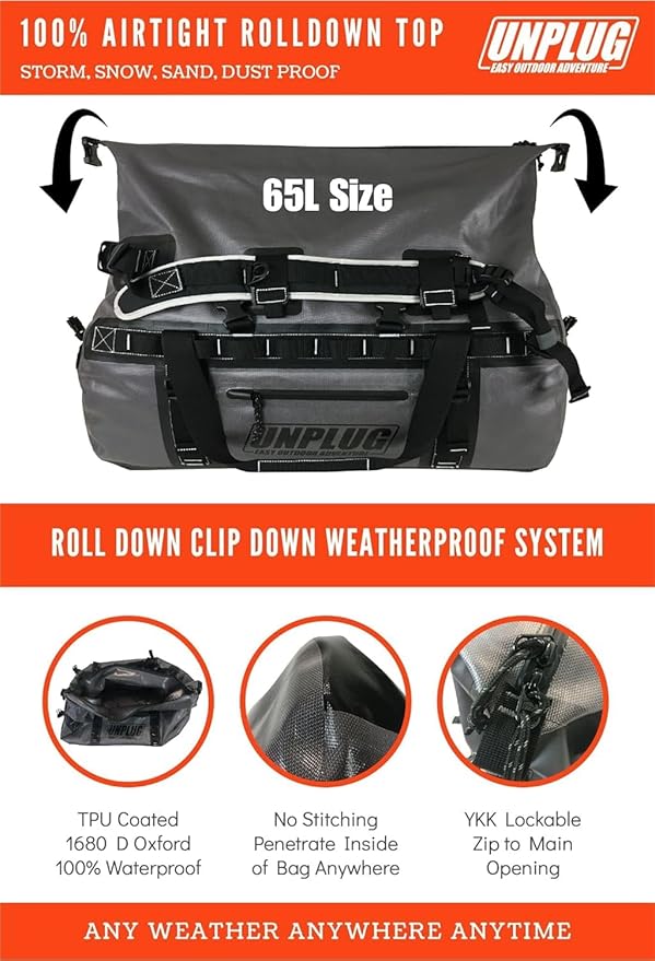 UNPLUG Ultimate Adventure | 1680D Heavy Duty Waterproof Bag | Large Travel Bag which can be Used for Camping, Motorcycling, Boating, or Hunting|65L Storm Grey