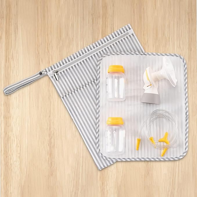 Wet Dry Bag for Breast Pump Parts Storage, Waterproof Pump Parts Bag with Place Mat for Moms Pumping at Work-Straps