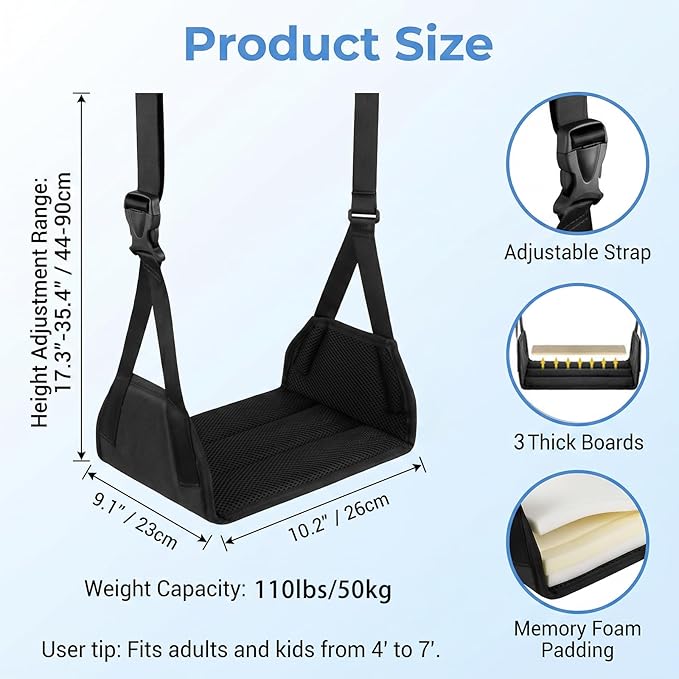 Airplane Foot Rest Hammock, Adjustable Thick Board Foot Support, Portable Travel Footrest for Long Flights, Office Desk & Car Use (Black)