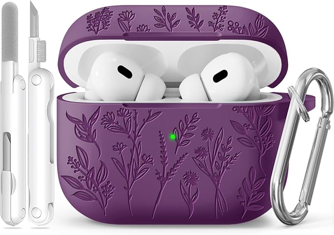for AirPods Pro 2 Case, Ekoonpft Silicone AirPod Pro Cases with 3-in-1 Cleaning Kit & Keychain, Flower Engraved Cover for Apple AirPods Pro 2nd/1st Generation, Shockproof & Anti-Scratch