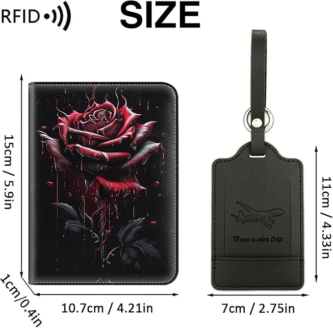 Passport Wallet, Passport Holder with RFID Blocking and Luggage Tag, Waterproof PU Leather Travel Documents Organizer Case, Passport Covers with Card Slot for Women & Men, Blood Rose Passport Book