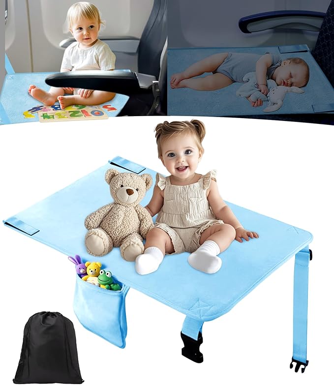Toddler Airplane Bed, Airplane Seat Extender Travel Bed for Kids, Baby Travel Essentials for Flying, Portable Plane Footrest for Kids, Toddler Must Haves for Flights Blue