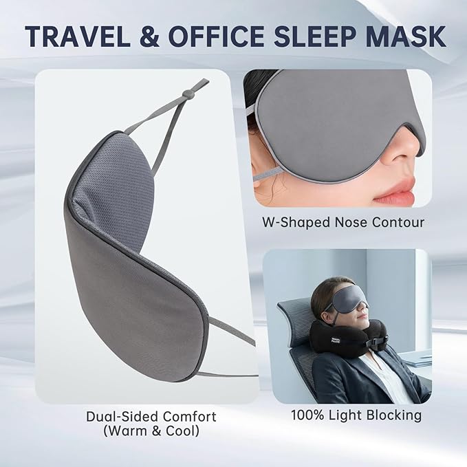 Neck Pillow Travel Pillow - 100% Pure Memory Foam Airplane Pillow with Adjustable Clasp & Removable Cover, Portable Travel Essentials for Long Flights, Car & Office (Black, with Eye Mask)