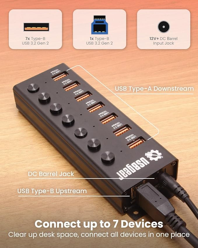 USBGear 7 Port USB 3.2 Hub – 10Gbps 48W Charging Hub with Individual On/Off USB Ports for Laptop, PC, Desktop, 12V/4A Power Adapter with Type-A to Type-B Cable (3ft), Computer Accessories