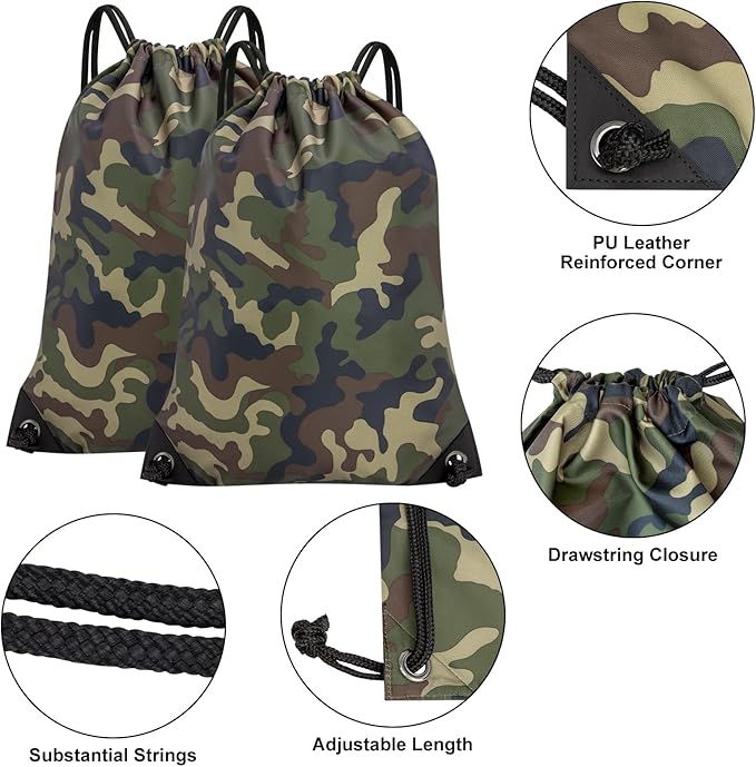 2PCS Drawstring Bags Bulk, String Backpack for Men Women, Cinch Bag Draw String Back Bag for Gym, Sports, Travel, Swimming, Beach, Green Camo