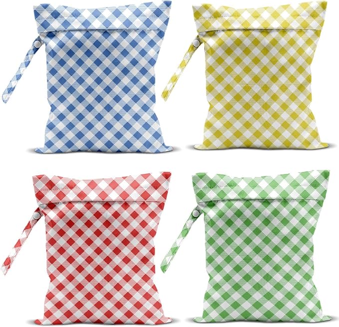 Wet Bag, 4Pcs Wet Dry Bag Set, Waterproof Reusable Bags with Four-Tone Plaid Prints for Women, Perfect for Beach Vacations, Pool Days & Travel