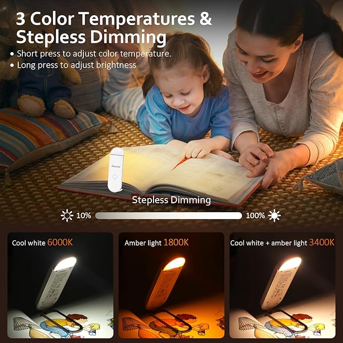 Akomid Book Light USB Rechargeable Clip on Reading Light, Eye-Cared Amber Light Mode Book Light for Reading in Bed Kids, 8 LEDs Bookmark Portable Stepless Dimming, White