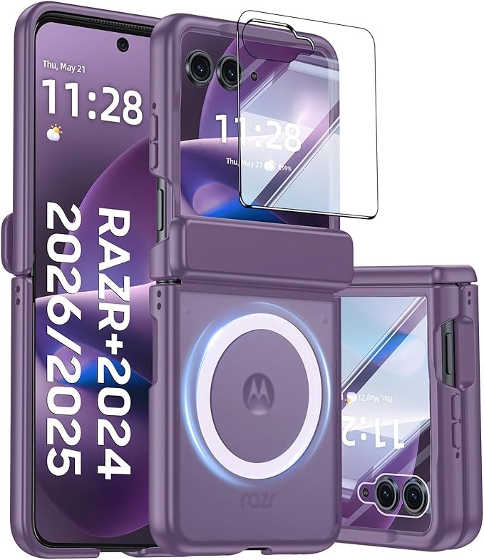 Magnetic for Motorola Razr+ Plus 2026,Razr+ 2025/2024 Case,Hinge Protection, Screen Protector, Compatible with MagSafe, Translucent Frosted, Shockproof Cover for Razr+ 2026/2025/2024-Purple