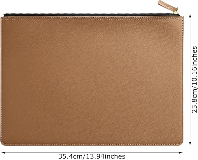 PU Leather A4 File Folder Zipper Document Holder Envelope Folder Case for Receipt Contract (Khaki)