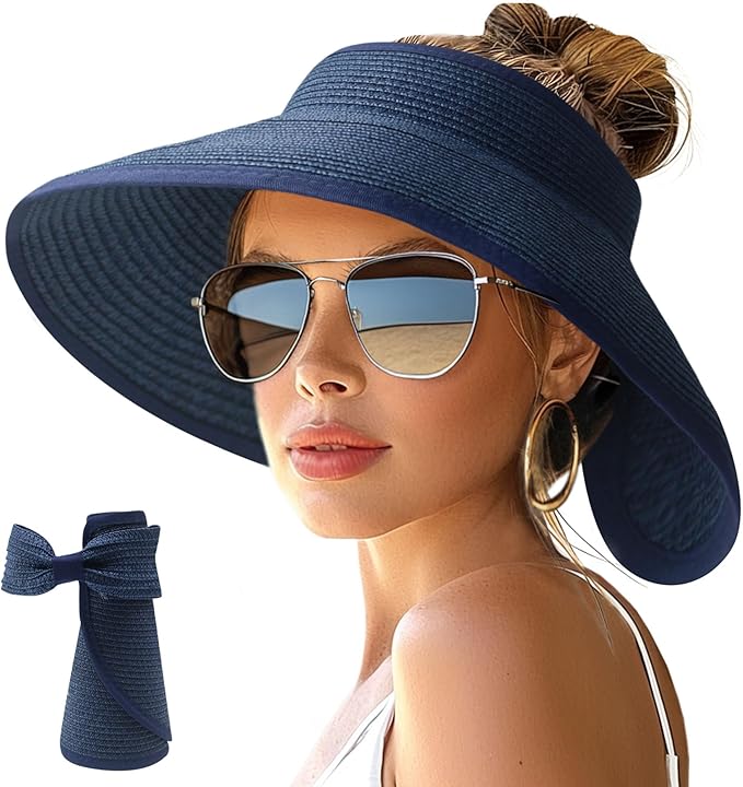 NPJY Sun Hats for Women Wide Brim Roll-Up Beach Ponytail Hat Packable Foldable Travel Straw Visor